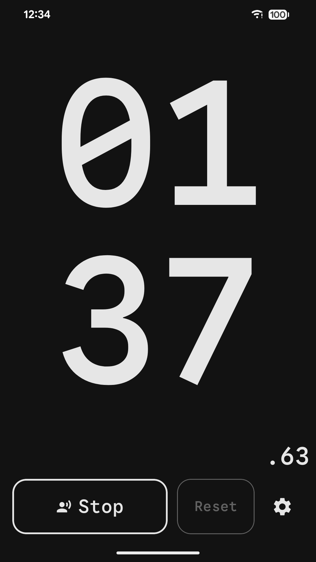 The stopwatch running, showing 01:37.63 with Stop and a dimmed Reset