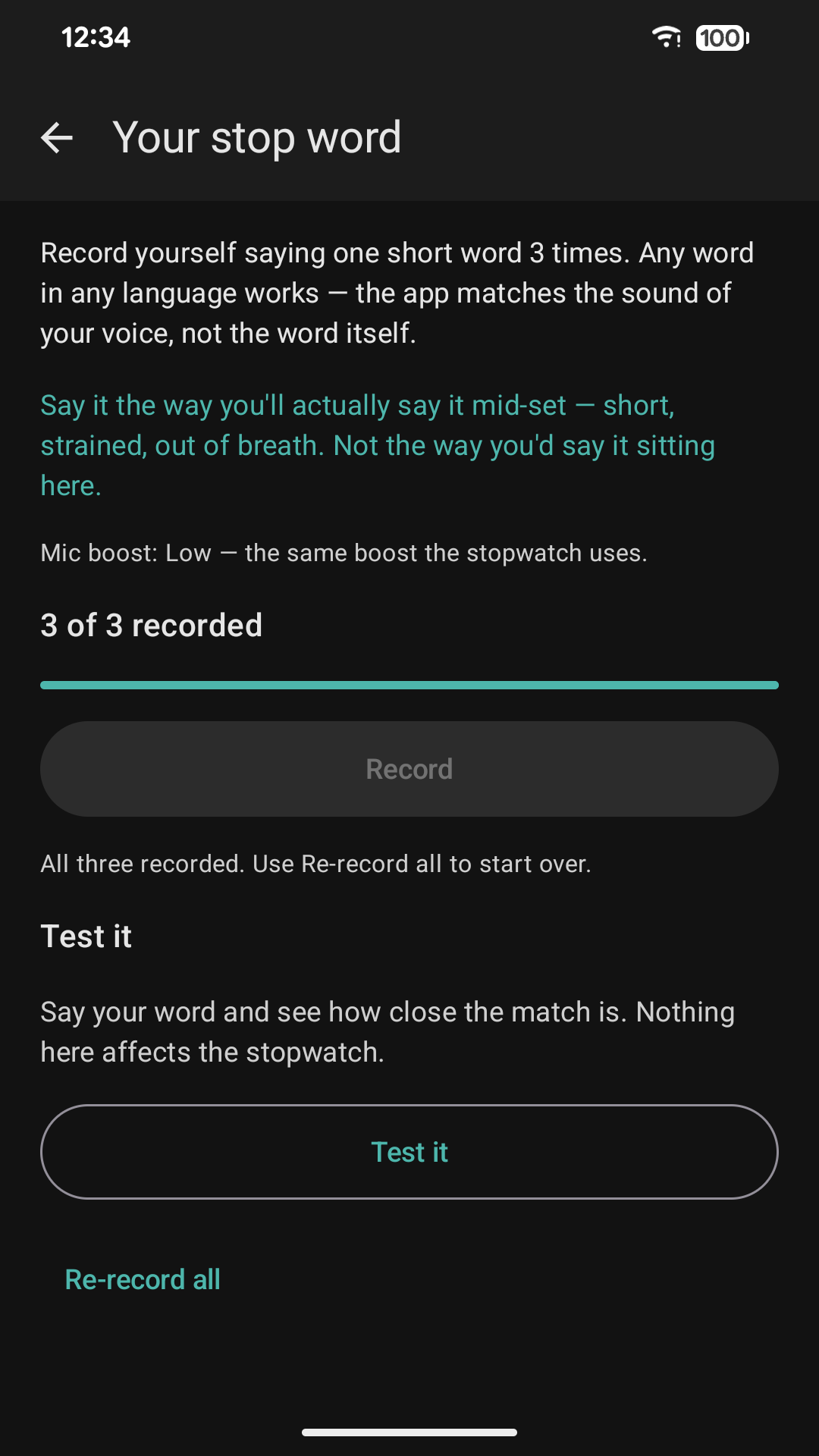 The stop word screen, with three recordings made and a Test it button