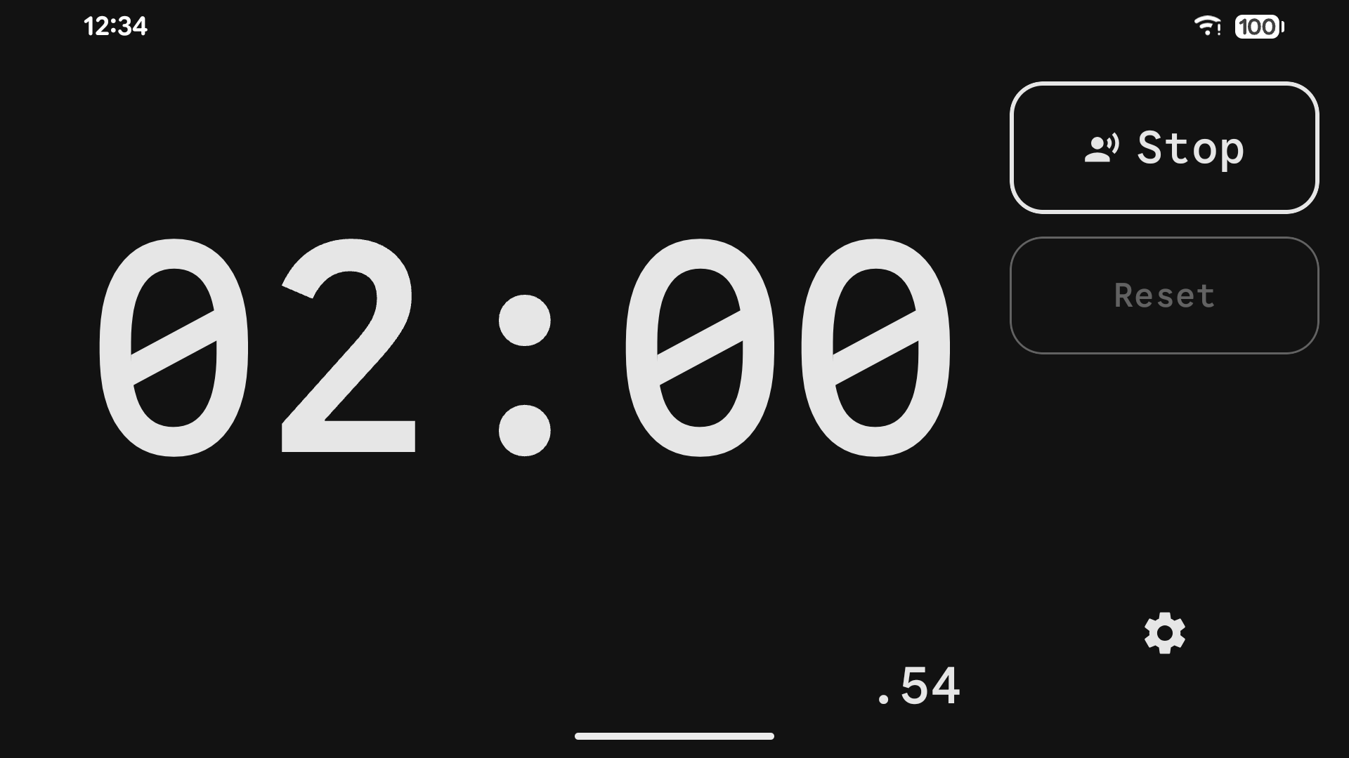 The stopwatch in landscape, showing 02:00.54 on one line with the controls in a right-hand column